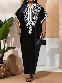 SHEIN Lady 加大码优雅办公室黑白梭织图案印花连衣裙 - 黑色 - 查看 3