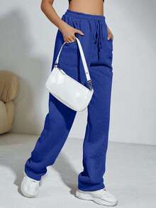 SHEIN Cottnline Women's Solid Color Drawstring Waist Pockets Straight Loose Casual Sweatpants - Royal Blue - View 5
