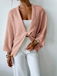 EURMUSE Damen V-Ausschnitt Loose Elegant Minimalistischer Pullover - Wassermelonenrosa - Übersicht 4