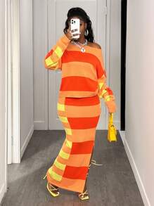 BamGleam 女式休闲条纹宽松上衣和条纹开衩下摆裙套装 - 香檳色 - 查看 4