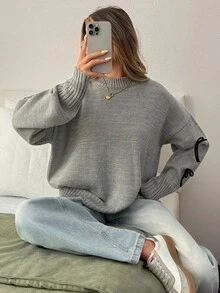 EURMUSE Women's Casual Long Sleeve Sweater With Bow Tie, Autumn/Winter Gray Sweater Women's Sweater Knit Top Jumper Gray Top,Jumpers,Women's Jumpers - Grey - View 1