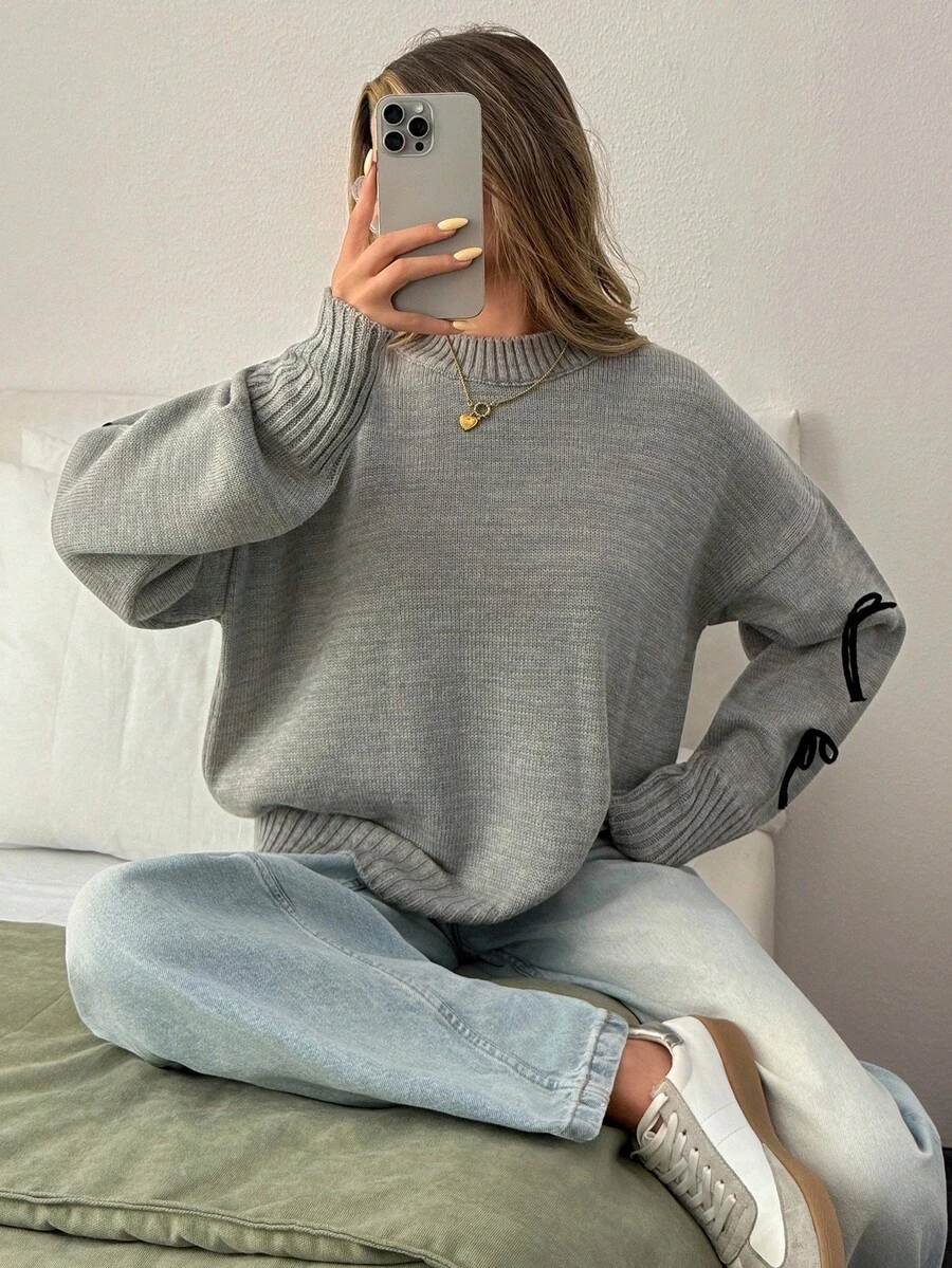 EURMUSE Women's Casual Long Sleeve Sweater With Bow Tie, Autumn/Winter Gray Sweater Women's Sweater Knit Top Jumper Gray Top,Jumpers,Women's Jumpers - Grey - View 1