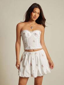 WESTFADE 花卉刺绣高腰泡泡下摆 100% 纯棉迷你裙 休闲、可爱、秋季、秋冬、波西米亚风、西部风女装，适合纳什维尔乡村音乐会 - 白色 - 查看 4