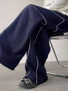 Claim Dot Men's Casual Loose Contrast Trim Sweatpants Men Baggy Sweatpants Men Baggy Clothes - Navy Blue - View 4