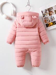 SHEIN 女婴休闲可爱厚款双拉链连帽长裤连体衣，冬季 - 粉色 - 查看 2
