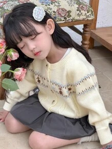 DAZY 少女碎花清爽甜美可爱开衫秋冬 - 白色 - 查看 1