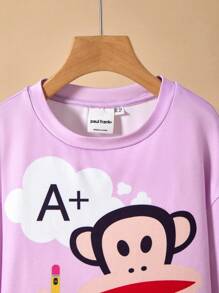 Paul Frank X SHEIN Áo thun dệt kim tay dài cổ tròn vai trễ họa tiết hoạt hình cho bé gái màu tím - Màu tím - Xem 8