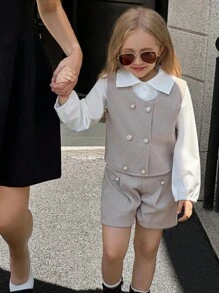 SHEIN Elladie kids 3件套女童长袖翻领休闲衬衫、精致珍珠纽扣背心外套、短裤套装，现代风格儿童服装，春秋冬装 - 卡其色 - 查看 5