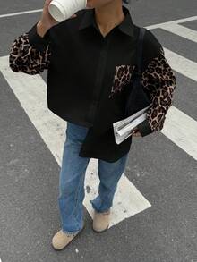 Siren Gaze Koszula damska z długim rękawem i nadrukiem w panterkę, minimalistyczna koszula damska w stylu retro, koszula damska w stylu ulicznym, koszula z nadrukiem w panterkę