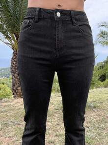 Manon Tanti Women's Casual Versatile Denim Flared Pants With Pockets - Black - View 3