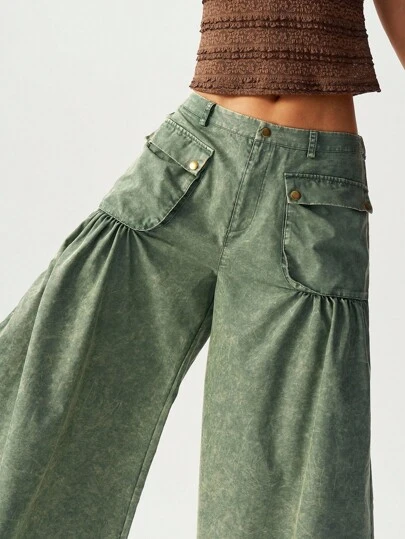 Bohemela 大码女式纯色工装口袋褶皱阔腿休闲裤