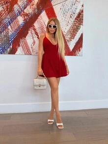 Cioccolato Pure Red Mini A-Line Puffy Deep V-Neck Sexy Elegant Waist Backless Ruched Cocktail Dress For Date Night/ Party,Summer Dresses For Women - Red - View 3