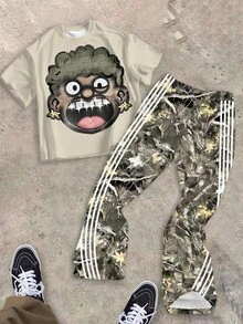 SHEIN 青少年男孩休闲时尚卡通圆领 T 恤和树枝印花喇叭裤套装，适合夏季套装 - 彩色 - 查看 2