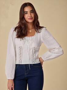 Enchnt Autumn And Winter Romantic Women Elegant Commuter White Lace Trim Square Collar
Puff Sleeves  Blouse, Suitable For Vacation,Sweet&Date&Holiday&Graduation&Beach,Fall Blouse For Women,Fall Clothes,Bohemian Clothes