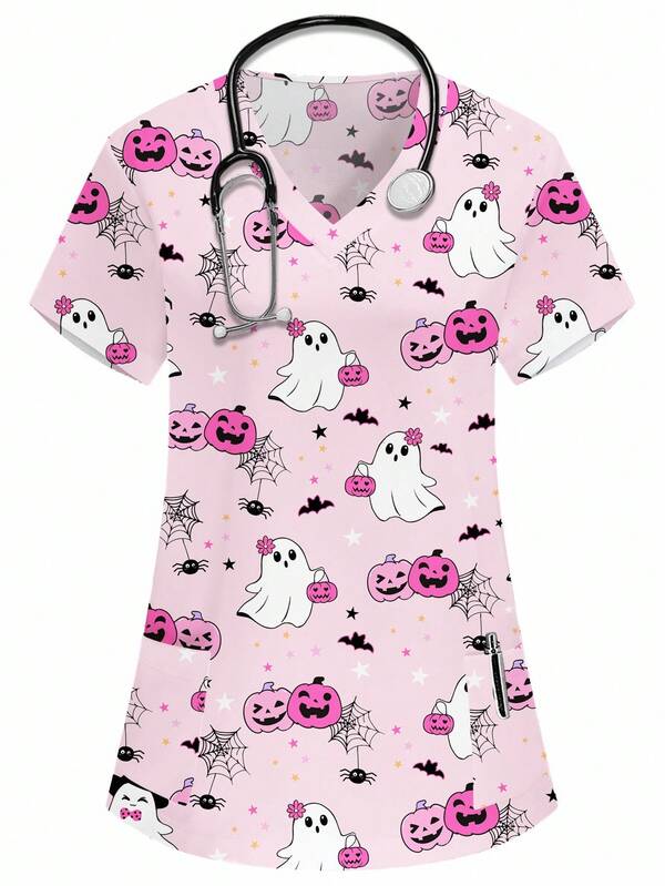 PopScrub Women's Pink V-Neck Short Sleeve Double Pocket Cute Ghost, Pumpkin, Spider Print Nurse/Doctor Work Uniform Top/Health Check Surgery Uniform/Solid Color Pet Grooming Work Uniform Top/Nutritionist Work Uniform Short Sleeve/Multi-Pocket Functional Lab Work Uniform, Functional Women's Holiday Outfit, Women's Top, Summer Women's Top, Halloween Women's Top