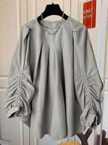 GlowEve Women's Solid Color Pleated Long Sleeve Blouse - Grey - View 1