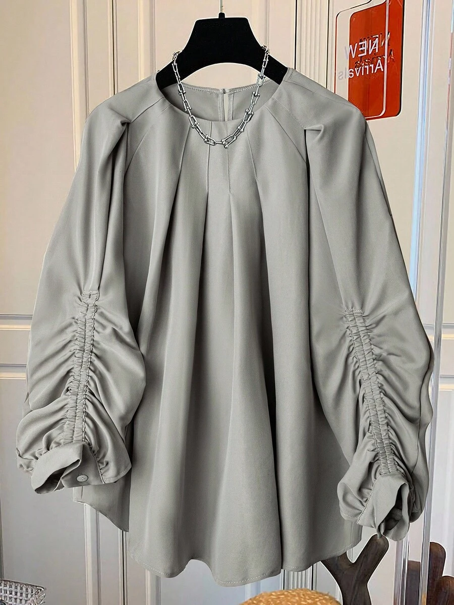 GlowEve Women's Solid Color Pleated Long Sleeve Blouse - Grey - View 1
