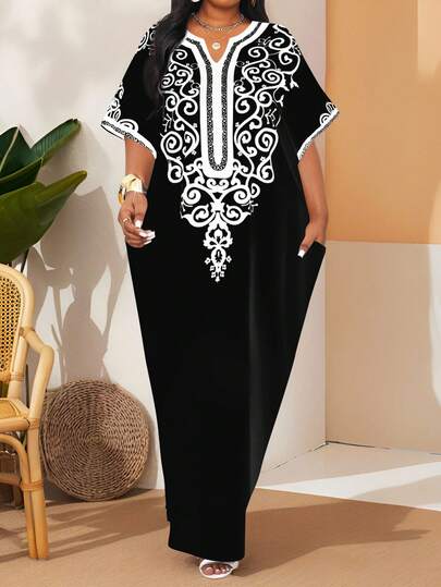 SHEIN Lady 2025 New Plus Size Elegant Work Office Black And White Woven Graphic Print Dress Plus Size Black And White Maxi Dress Plus Size Caftan Dress Black And White Caftan Black Maxi Dress Abaya  Dresses For Women Elegant Wedding Guest Dress Women  Fall Clothes For Women Casual Halloween Formal Dress Brown Dress Evening Dress Chic Wedding Chic Dress  Wedding Guest Saudi National Day Autumn Fall Clothes For Women Winter Fall Outfits For Women