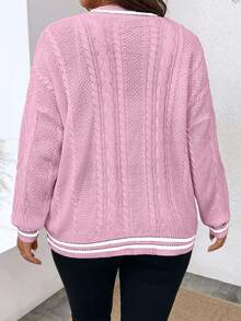 EURMUSE 大码女式扭纹图案长袖单排扣针织开衫 - 淺粉色 - 查看 2
