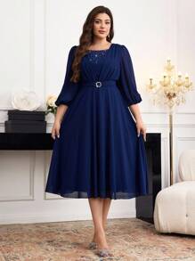 Modelyn Plus Size Rhinestone Color Block Waist Cinched Long Sleeve Dress - Navy Blue - View 3