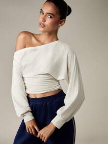 MISSGUIDED Off Shoulder Ruched Long Sleeve Crop Top Elegant Gathered Waist Design Casual Modern Basic Fall Winter Essential Layering Piece - Light Grey - View 1