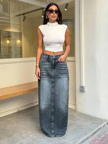 EURMUSE 100% Cotton WOMEN MID WAIST MAXI SKIRT - Dusty Blue - View 5