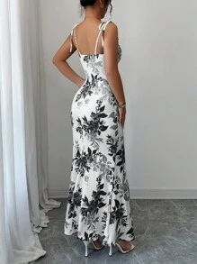 Elenzga 新款女式细肩带蝴蝶结腰部荷叶边下摆开衩设计连衣裙，适合约会、派对、日常穿着，优雅迷人 - 黑色 - 查看 2