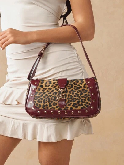 SHEIN SXY 女士，女式单肩包，流浪包，时尚，优雅，简约，个性化，多功能，经典，奶牛印花，动物印花，五金扣，适合约会，日常，购物，下午茶