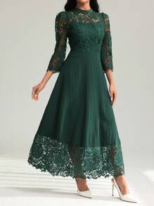 Modelyn Yellow Eyelet Embroidery Patchwork Maxi Long Sleeve Dress For Women - Dark Green - View 6