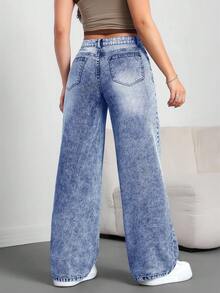SHEIN Tall Quần Jeans Nữ Quần Ống Rộng Rộng Thường Ngày Quần Jeans Nữ Cao Quần Đen Quần Jeans Cạp Thấp Quần Jeans Cạp Thấp Quần Baggy Quần Nữ Quần Nữ Cao - Rửa nhẹ - Xem 2