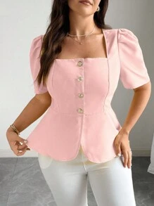 Elenzga Plus Size Women Elegant Solid Color Puff Sleeve Blouse Business Casual Top Square Neck Blouse Women Tops Pink Top Puff Sleeve Top - Pink - View 6