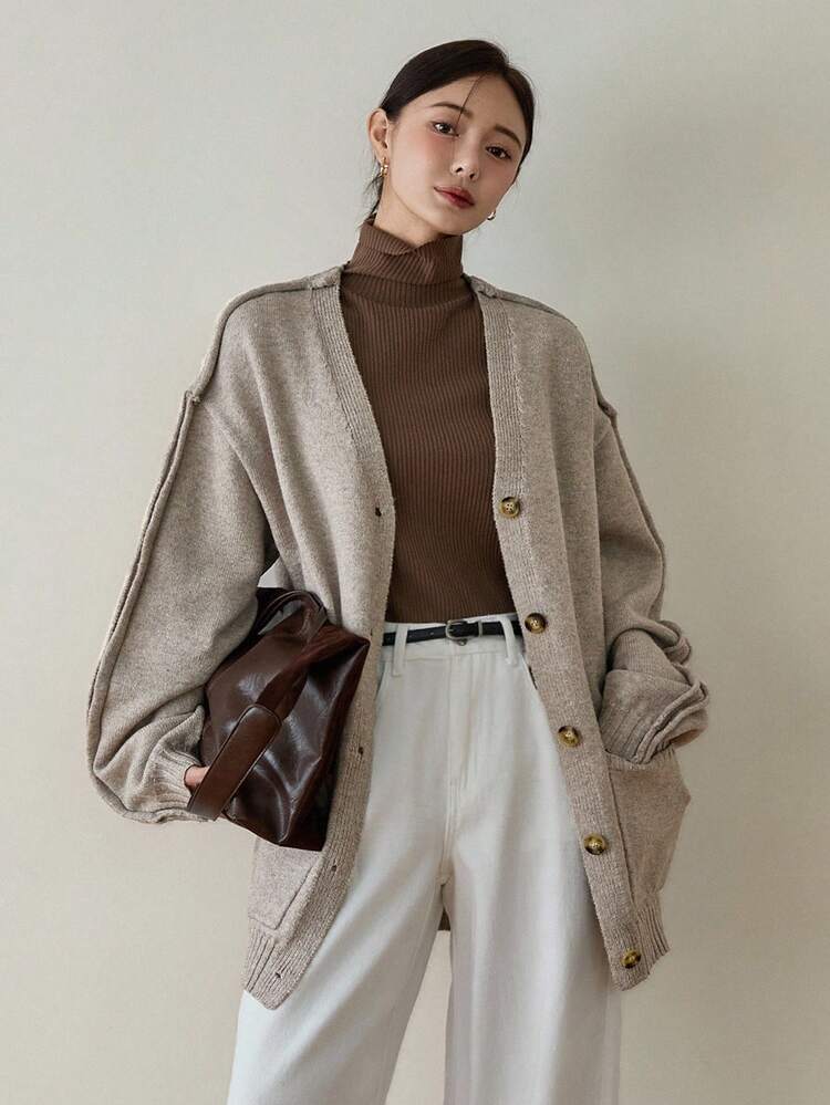 V-Neck Thick Loose Casual Business Outerwear Knit Cardigan For Women, With Design Line Decor, Autumn/Winter,Fall Women Clothes