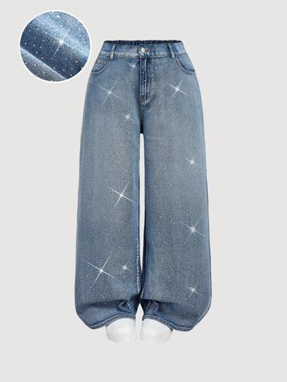 SHEIN MOD Plus Size Women Rhinestone Pocket Wide Leg Loose Casual Jeans,Fall Clothes For Women