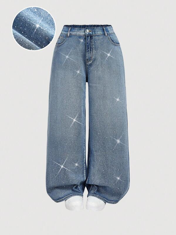 SHEIN MOD Jeans casuales holgados de pierna ancha con bolsillo de strass para mujer de talla grande