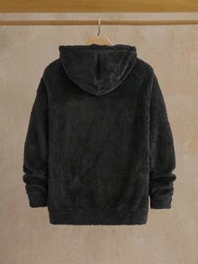 Manfinity VCAY 男士休闲针织珊瑚绒连帽衫，带刺绣字母，毛绒连帽衫，洛杉矶毛绒泰迪连帽衫，蓬松连帽衫，洛杉矶毛绒泰迪连帽衫，秋冬季 - 黑色 - 查看 2