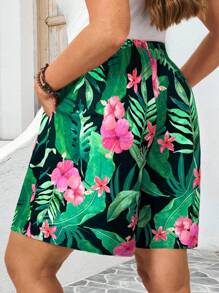BrightlyHer 彩色热带植物印花高腰系带蝴蝶结口袋波西米亚风宽松百慕大短裤，适合春夏季，加大码 - 彩色 - 查看 2