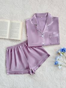 SHEIN 2件套缎面镶边领睡衣套装 - 淺灰紫 - 查看 3