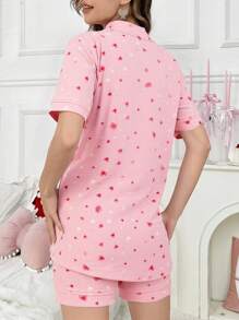 EURMUSE Bộ đồ ngủ mặc nhà cotton 2 mảnh màu tương phản chi tiết viền nút phía trước chi tiết áo sơ mi tay ngắn và quần short - Hồng - Xem 3