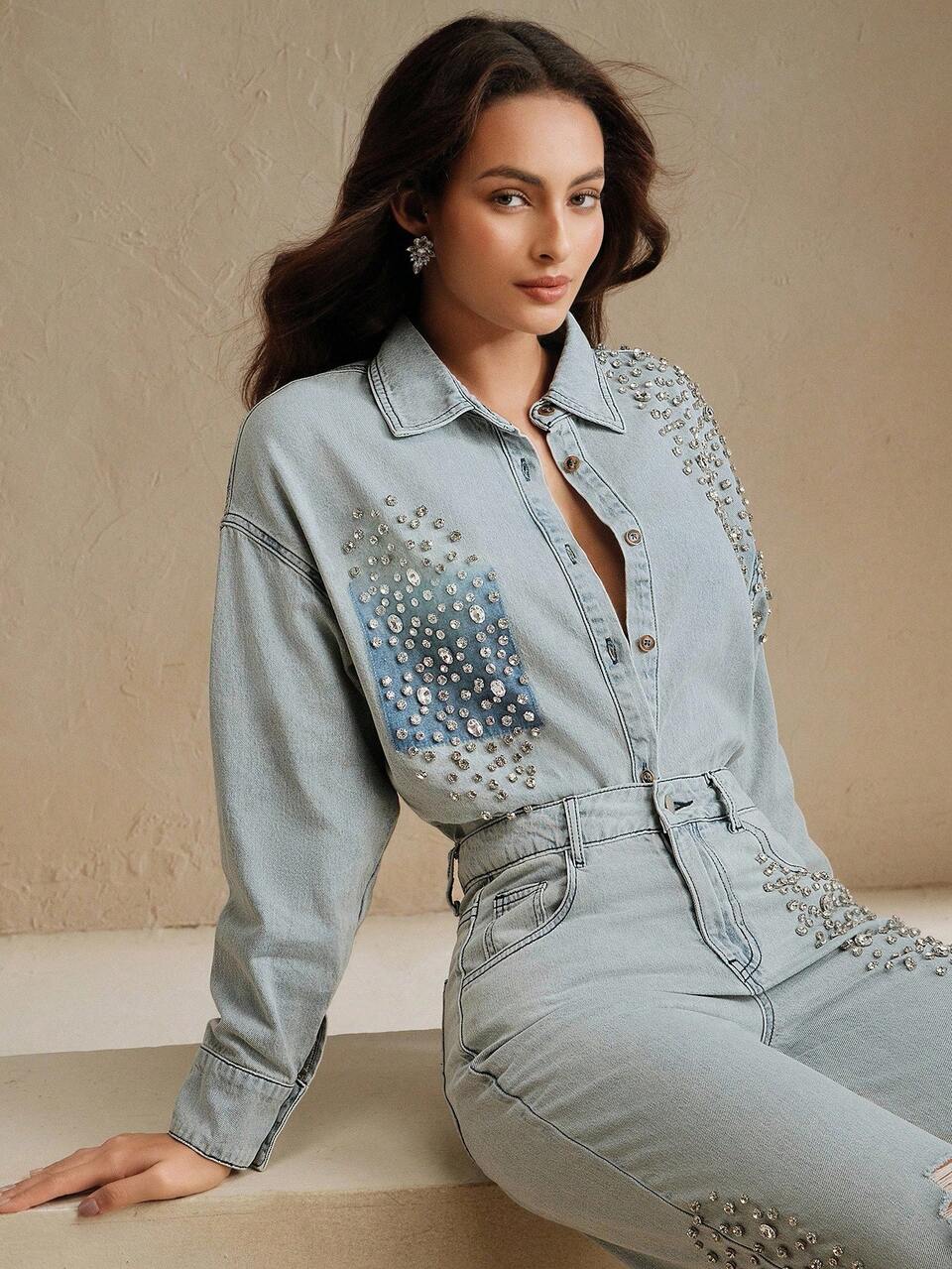 Vintage Retro Rhinestone & Pearl Embellished Denim Blouse For Women, Elegant For Spring, Holiday, Casual, Festival, Vacation
