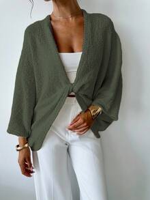 EURMUSE Women's Crossed V-Neck Loose Elegant Minimalist Sweater - Army Green - View 4