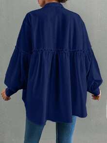EURMUSE 100%Cotton Women's Elegant Solid Color Stand Collar Lantern Sleeve Shirt With Ruffle Trim, Rhinestone Decoration And Pleats, Spring And Summer - Navy Blue - View 2