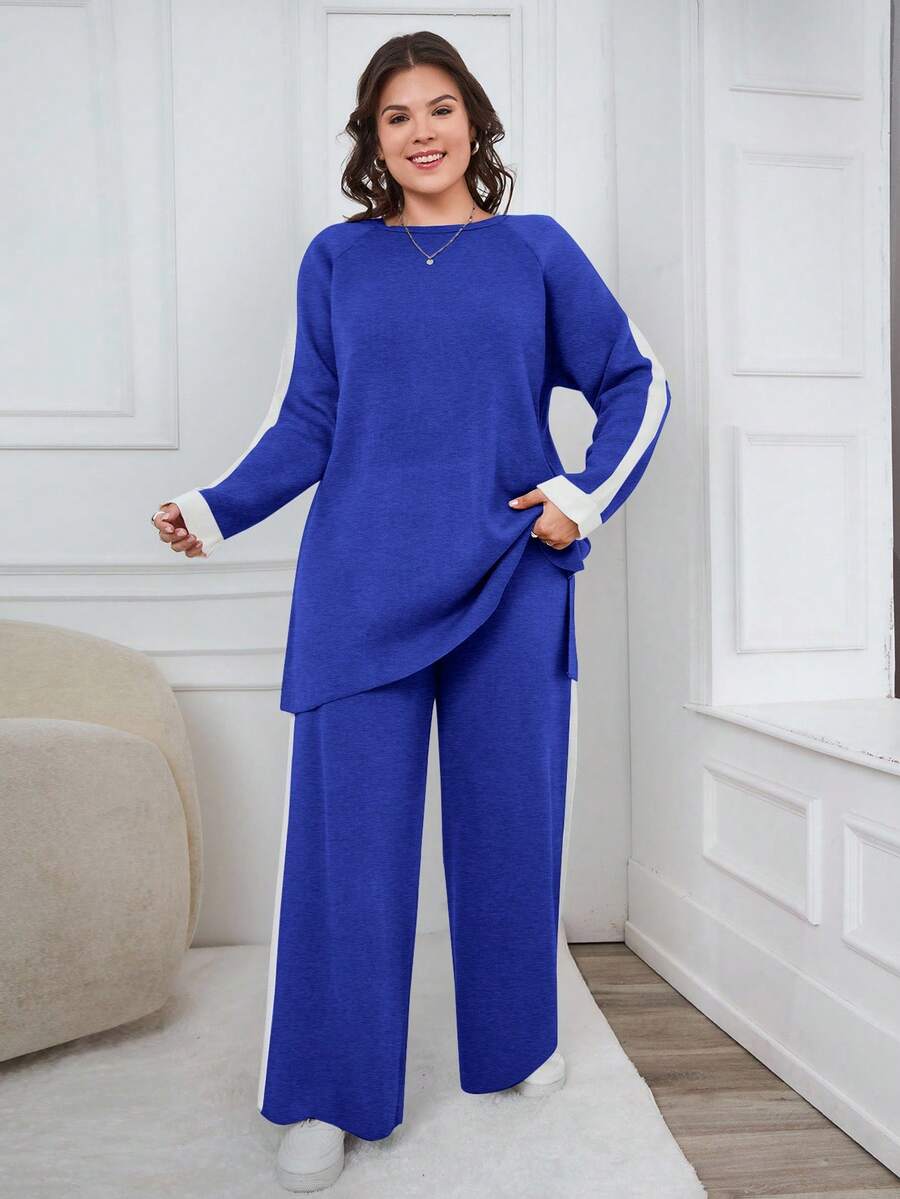 EURMUSE Conjunto de dos piezas de suéter y pantalones con mangas raglán - azul real - Ver 1