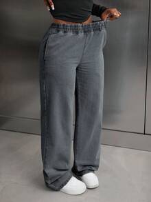 EURMUSE Jeans droits à taille élastique décontractés pour femmes - Gris - Voir 7