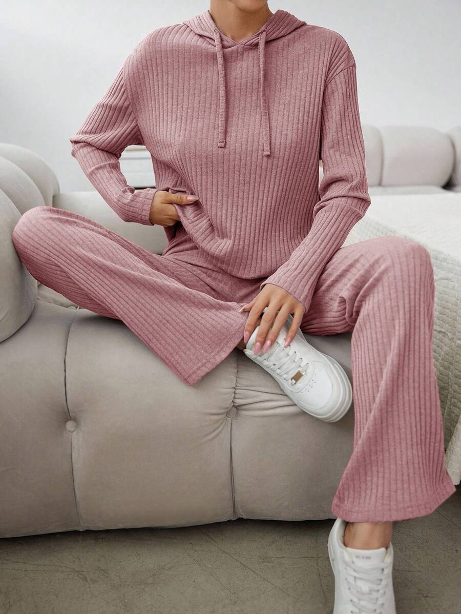 SHEIN Cottnline Women's Hooded Drawstring T-shirt And Pants Set - Dusty Pink - View 1