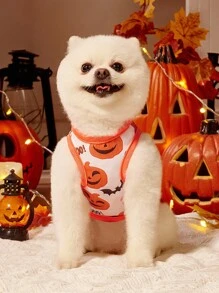 PETSIN 2pcs Pet Cat Dog Universal Halloween Orange Pumpkin Funny Expression Pattern Print Fashionable Breathable Comfortable Dog Vest, PETSIN Original Design