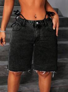 SHEIN EZwear 大码女式口袋磨边休闲百慕大牛仔短裤 - 黑色 - 查看 4