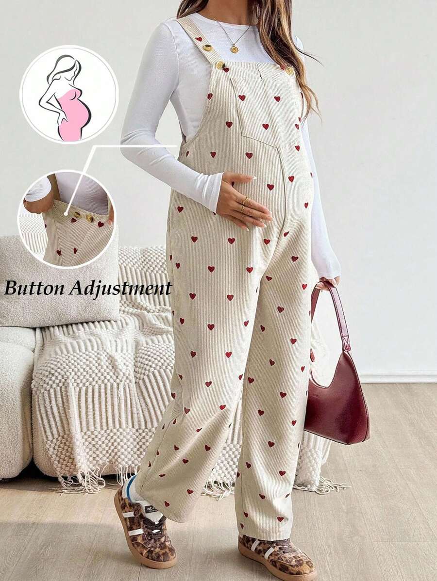 SHEIN 孕妇休闲全身心印花可调节腰部和背部支撑连体裤 - 杏色 - 查看 1