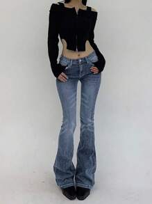 DAZY 女式修身低腰喇叭腿长牛仔裤，四季皆宜 - 淺藍色 - 查看 5