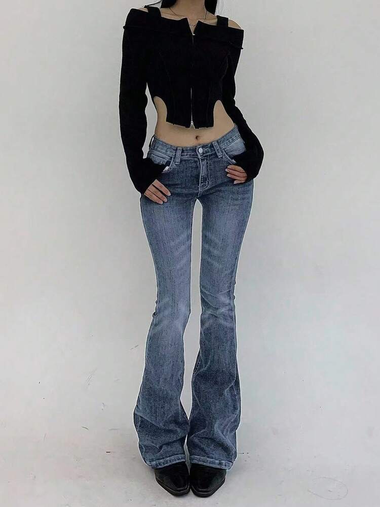 Women's Slim Fit Low Waist Flare Leg Long Jeans, All Season