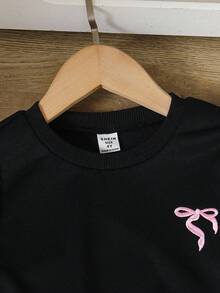 2件套女童套头抽绳长袖蝴蝶结卫衣和阔腿裤套装，春秋季女童运动套装，女童运动服套装，女童运动套装，女童慢跑套装，秋冬季 - 黑色 - 查看 6